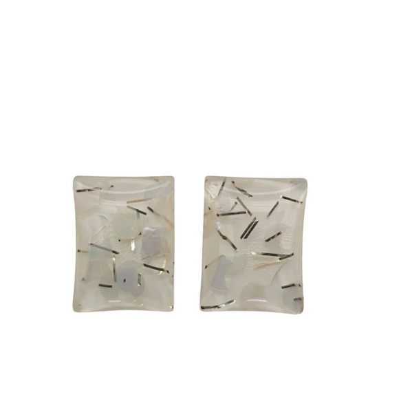 Clear Silver Confetti Lucite Earrings Silver Tone Clip on Closure Vintage - Picture 1 of 4